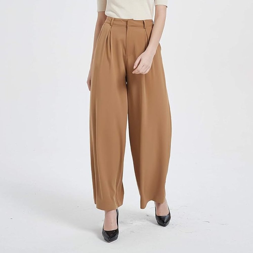 High Waist Wide Leg Palazzo Pants Trousers, XS Camel